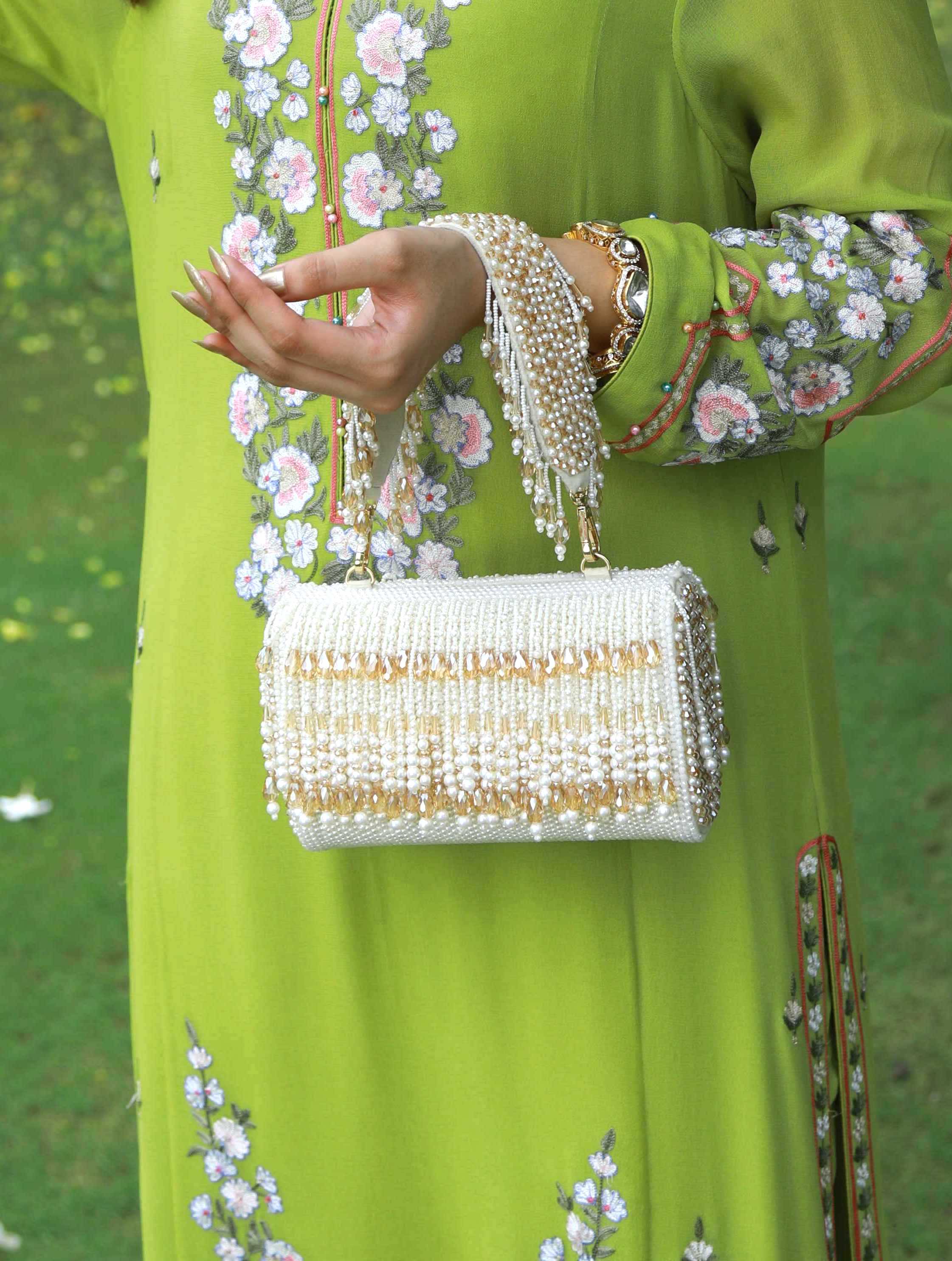 Pearl Gold Cristal Flapper Clutch