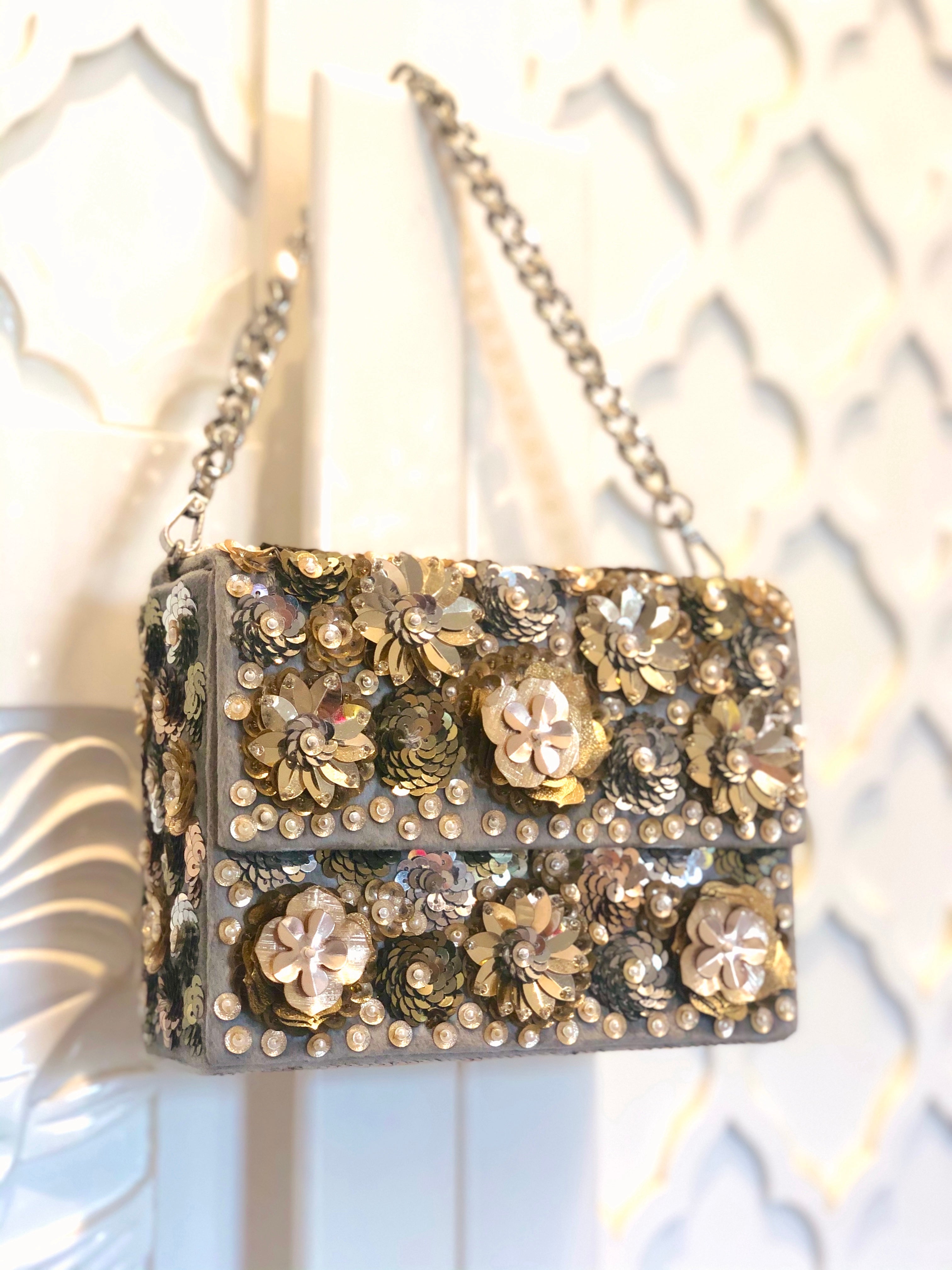 Grey Wildflower Clutch Bag