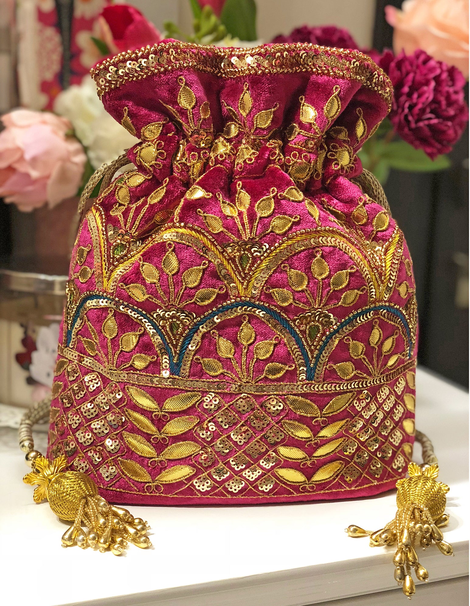 Magenta Gota Patti Bucket Bag