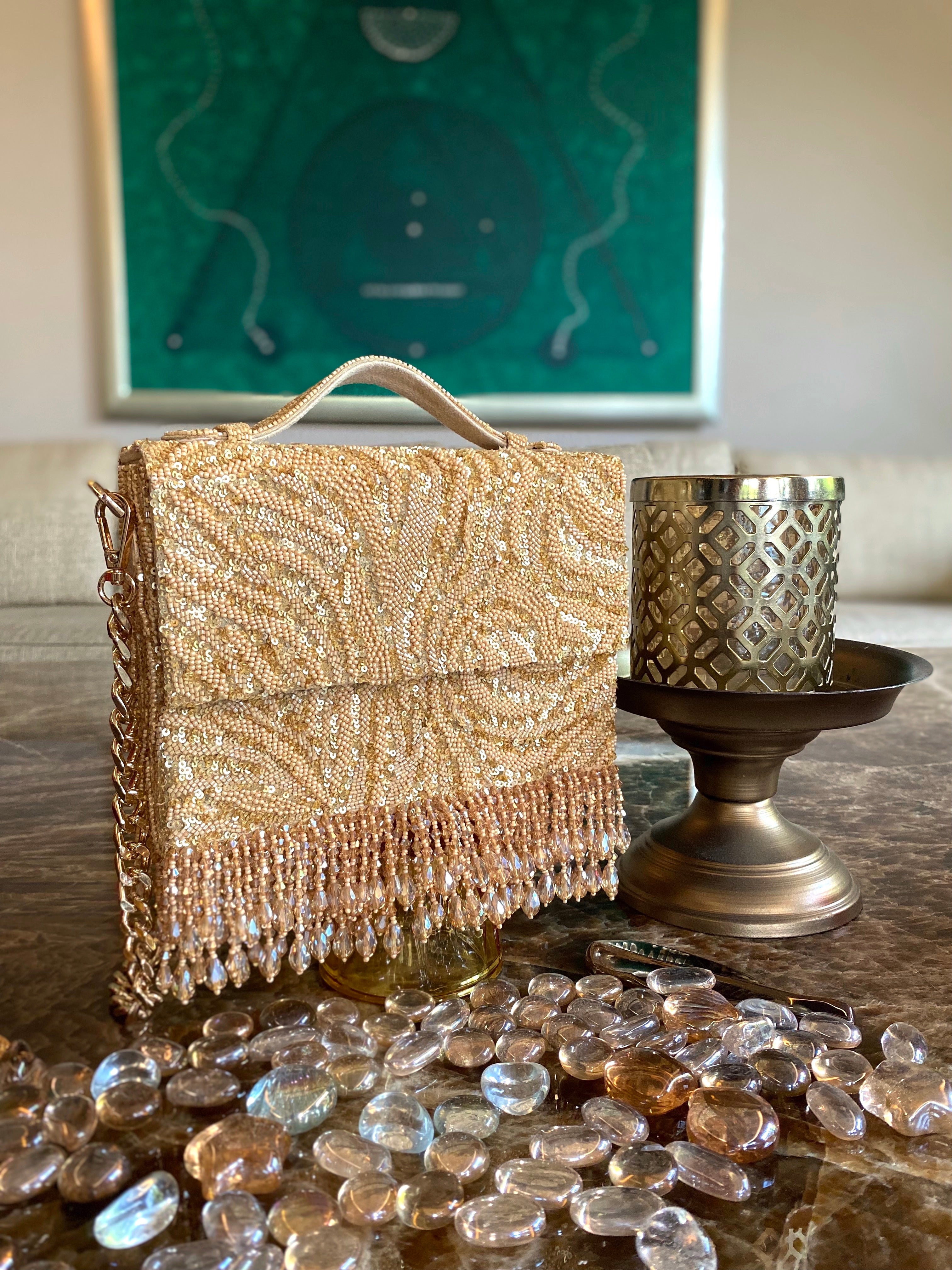 Gold Zebra Cristal Flapper Clutch