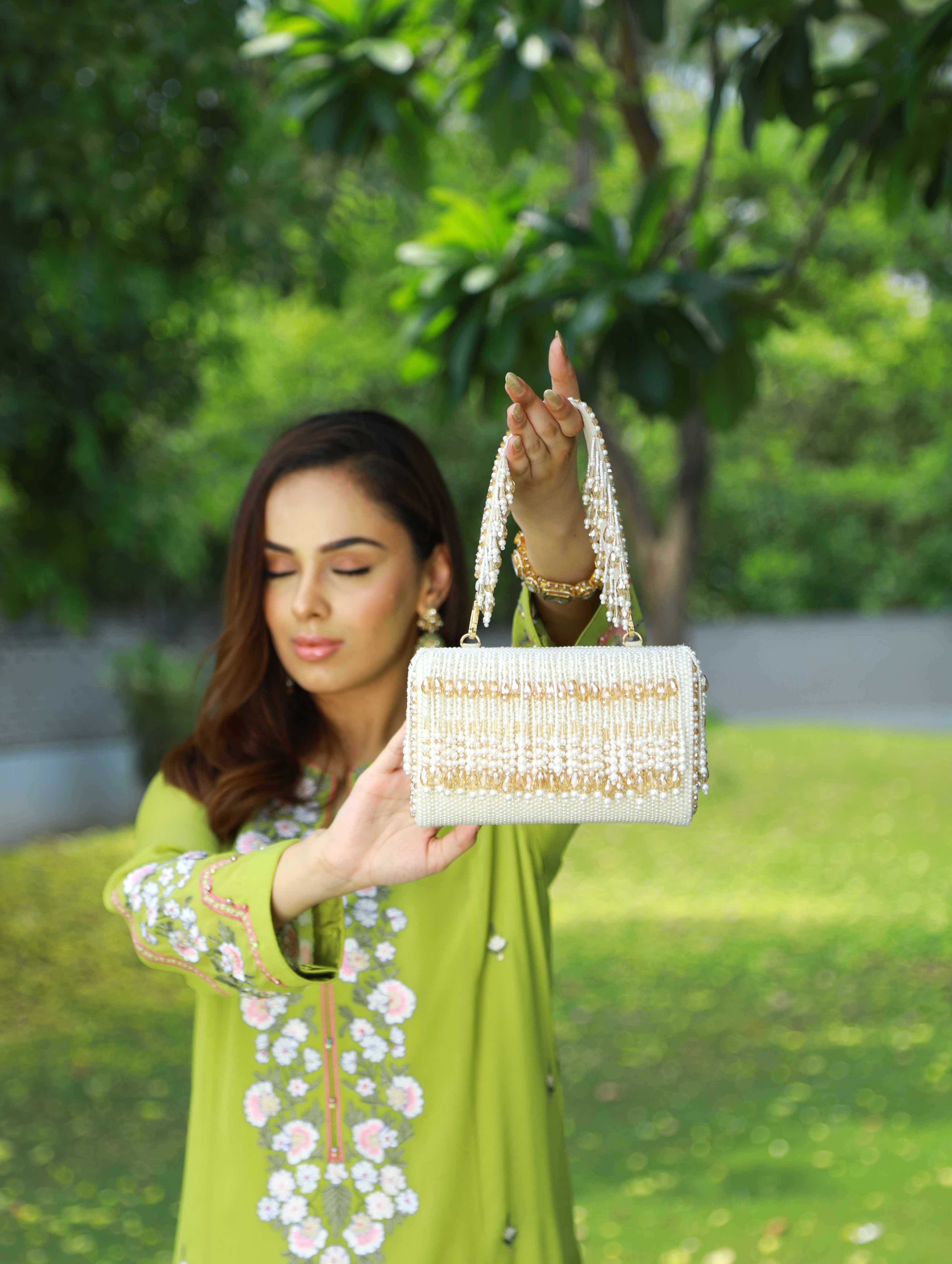 Pearl Gold Cristal Flapper Clutch