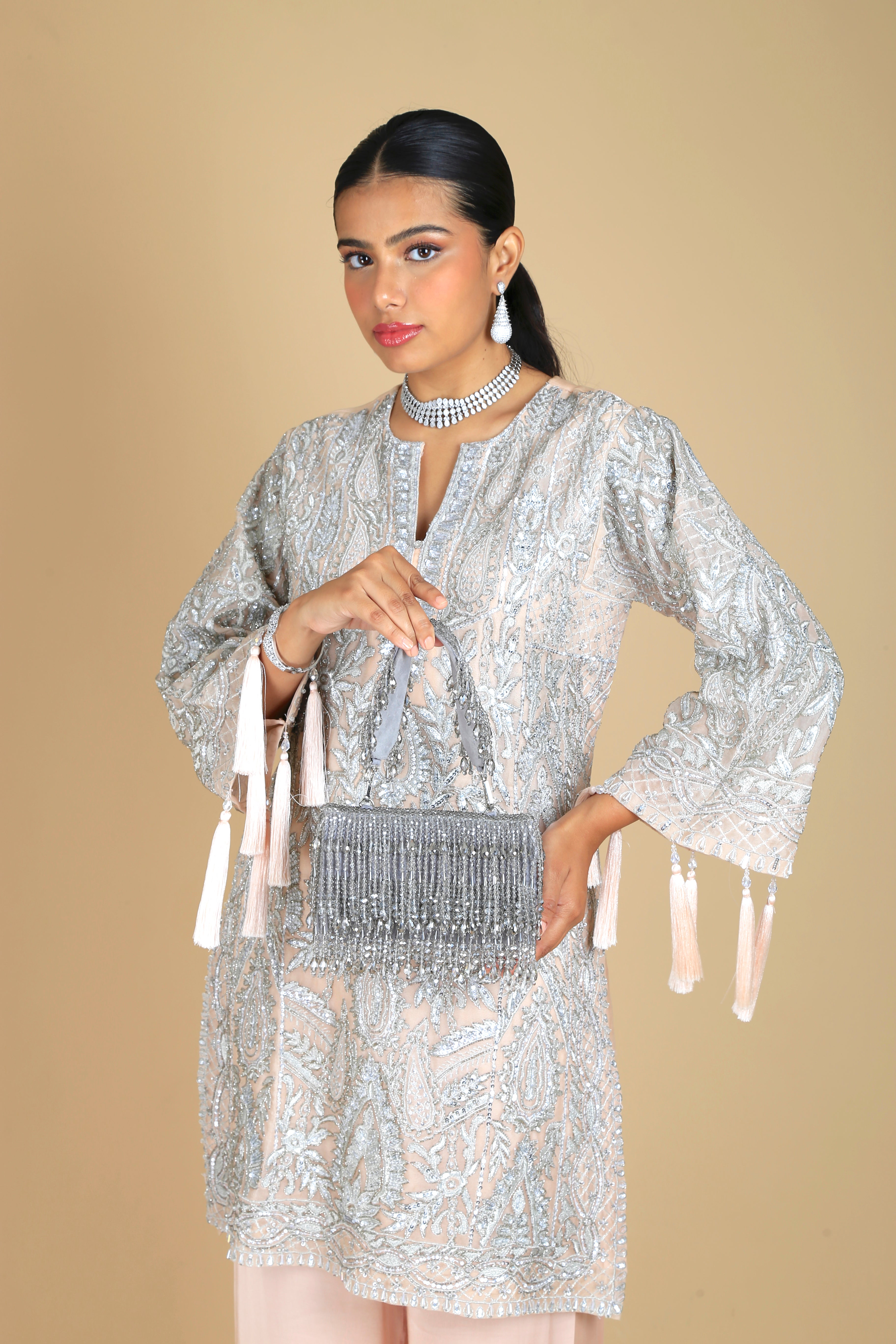 Grey Cristal Flapper Clutch